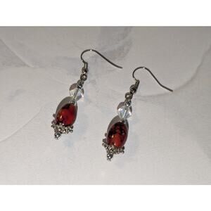 Attractive Vintage 1980s Boho Silver-Tone Red Marbled Beaded Drop Earrings